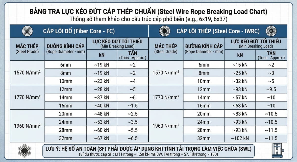 Bảng tra lực kéo đứt cáp thép chuẩn nhất tại Vật Tư Vina