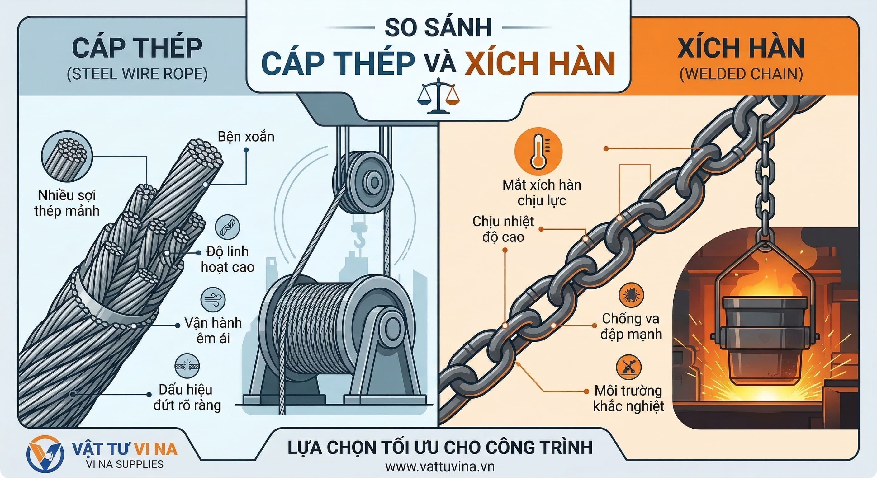 Bảng so sánh đặc điểm kỹ thuật cáp thép và xích hàn chịu lực - Vattuvina.vn
